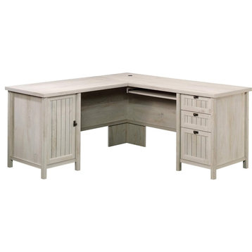 Contemporary L-Shaped Desk, Storage Drawers and Keyboard Tray, Chalked Chestnut