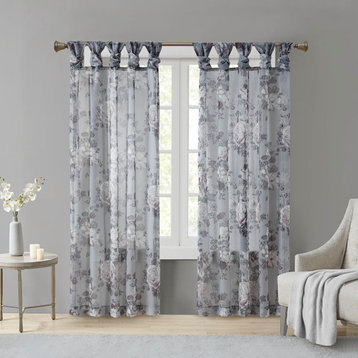 Madison Park Simone Printed Floral Twist Tab Top Voile Sheer Curtain, Grey