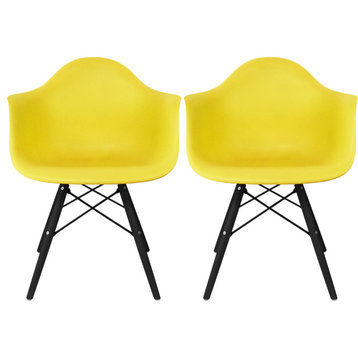 Set of 2 Dining Chair, Black Hardwood Legs With Molded Plastic Seat, Yellow