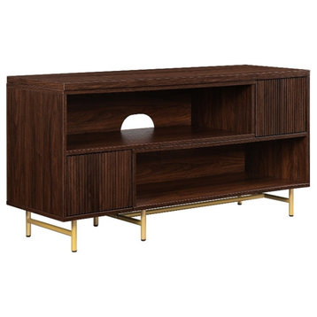 Extendable Wood Media Console with Reeded Doors - Dark Walnut / Gold