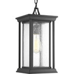 Progress Lighting - Endicott Collection 1-Light Hanging Lantern, Black - With a Craftsman-inspired silhouette, Endicott offers visual interest to your homes exterior. The elongated frame is finished with clear seeded glass. Uses One 100 W Medium Base bulb (not included).