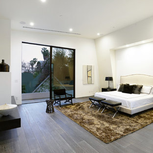 Idée de décoration pour une grande chambre parentale design avec un mur blanc, un sol en bois foncé, un sol marron, une cheminée ribbon et un manteau de cheminée en plâtre.