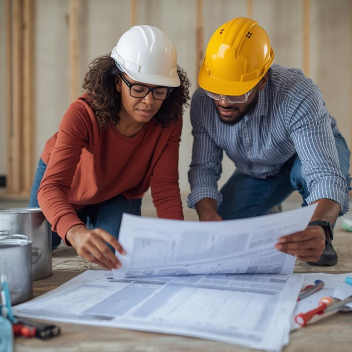 A contractor and homeowner reviewing renovation plans