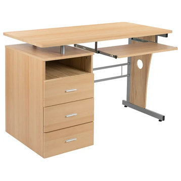 Contemporary Desk, Floating Top With Keyboard Tray & Spacious Drawers, Maple