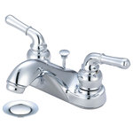 Olympia Faucets - Accent Two Handle Bathroom Faucet, Polished Chrome - Two Handle Lavatory Faucet Lever Handles 4-1/8" Reach, 1-3/4" From Deck to Aerator Washerless Cartridge Operation 3-Hole 4" Installation Brass Pop-Up Drain Assembly With 1.5 GPM Flow Rate