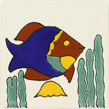 Tierra y Fuego Handmade Ceramic Tile, 4.25x4.25" Fish & Jellyfish, Box of 90