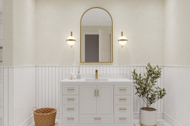 Ejemplo de cuarto de baño único y de pie minimalista de tamaño medio con armarios estilo shaker, lavabo bajoencimera, encimera de cuarzo compacto, encimeras blancas y puertas de armario blancas