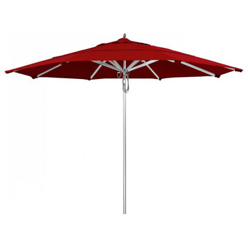 11' Patio Umbrella Silver Anodized Pole Pulley Lift Sunbrella, Jockey Red