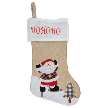 19" Beige and Red Burlap "Ho Ho Ho" Santa Claus Christmas Stocking