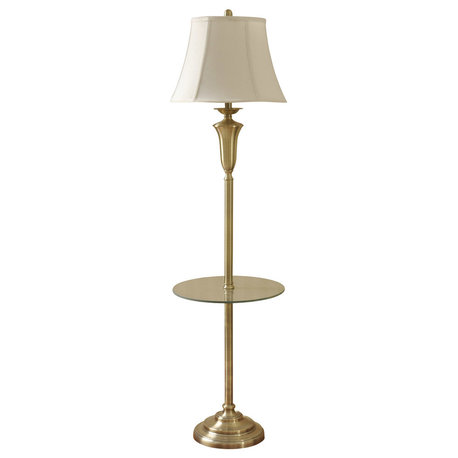 Antique Brass Finish Steel Table Floor Lamp With Natural Linen Fabric Shade