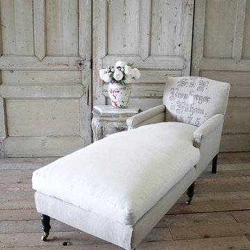 Antique Style Chaise Longue with Antique German Feed Sack Upholstery