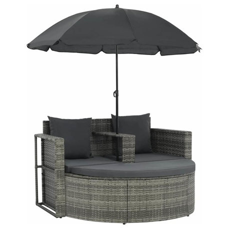 vidaXL Patio Bed Outdoor Daybed with Cushions and Parasol Gray Poly Rattan
