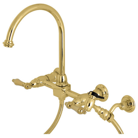 Kingston Brass Wall Mount Bridge Kitchen Faucet w/Brass Sprayer, Polished Brass