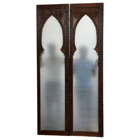 Vintage Moorish Arch Door Pair Carved Wood Frosted Glass Double Doors 96