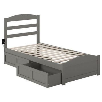AFI Warren Solid Wood Twin Bed w/ Footboard & 2 Drawers in Gray