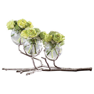 Twig Branch Metal Glass Bud Vase, Silver Triple Centerpiece Sculpture