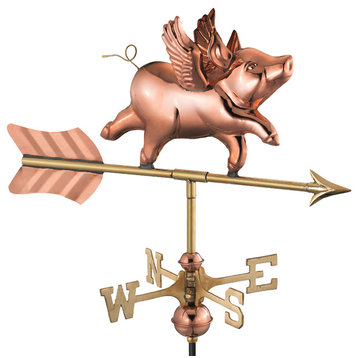 Polished Copper Flying Pig Weathervane, Roof Mount