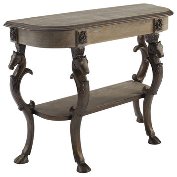 Unique Console Table, Horse Accented Cast Iron Legs With Thick Wood Top, Gray
