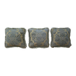 Custom Blue Damask 19&rdquo; Pillows Set of 3 with Fringe - Products