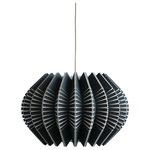 Ciara O'Neill - Spine Pendant Light, Slate - The slate-coloured Spine Pendant Light emulates the geometric patterns found in sea urchin shells. Tight radial curves impose their structure on pleated segments which dictate the shape of the silhouette. This material of this pendant lamp gently diffuses light while also radiating light more intensely where the surface material splits apart. Using bespoke components and artisan production techniques, this pendant light is skillfully handcrafted and produced in Ciara O'Neill's East London studio.  Please note the long lead time is due to the fact that this product is handcrafted and made to order. This allows us to ensure that you receive a high-quality, personalised product.