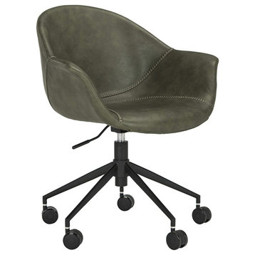 Modern Office Chair, Black Base With Rounded PU Leather Padded Seat, Green