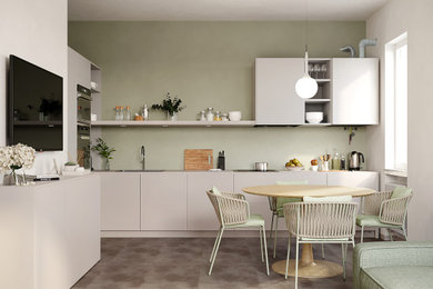 Immagine di una piccola sala da pranzo aperta verso il soggiorno moderna con pareti beige e pavimento grigio
