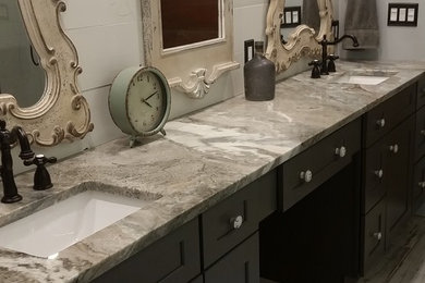 Large cottage master gray tile and porcelain tile porcelain tile freestanding bathtub photo in Louisville with shaker cabinets, gray cabinets, white walls, an undermount sink and quartzite countertops
