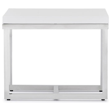 Modern Straz End Table Glossy White Lacquer Top Polished Stainless-Steel Base