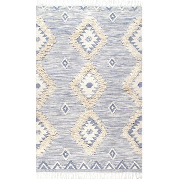 nuLOOM Hand Woven Wool Savannah Moroccan Fringe Area Rug, Blue, 5'x8'