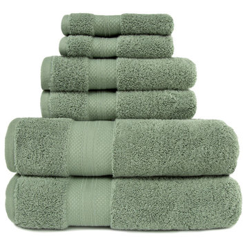 6 Piece Turkish Solid Cotton Hand Bath Towels, Olive Green