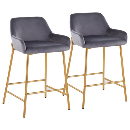 Daniella Fixed-Height Counter Stool, Set of 2, Gold Metal, Silver Velvet