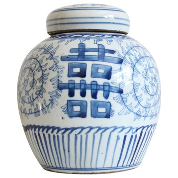 Blue and White Porcelain Double Happiness Ginger Jar Lotus Motif 6"