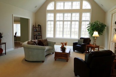 Huge transitional formal and open concept carpeted and beige floor living room photo in Other with gray walls, a standard fireplace, a tile fireplace and a media wall