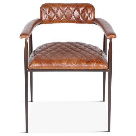 Hudson Diamond Stitched 19" Leather And Iron Armchair, Brown
