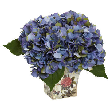 Hydrangea Silk Arrangement With Floral Planter, Blue
