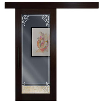 Mirrored Solid Wood Sliding Barn Door With Mirror and Frosted Designs, 38"x84",