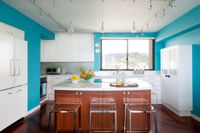 Inspiration for a mid-sized contemporary u-shaped dark wood floor and brown floor enclosed kitchen remodel in Hawaii with an undermount sink, flat-panel cabinets, white cabinets, quartz countertops, metallic backsplash, mosaic tile backsplash, paneled appliances and an island