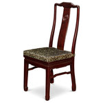 China Furniture and Arts - Rosewood Longevity Design Chair - Made of solid rosewood, this chair is exquisitely hand-carved with the symbol of Longevity sign in the center. Constructed with traditional joinery technique by artisans in China. Chair legs are designed with horizontal support bars, not only allow for structural support but also long lasting durability. To use as a dining chair or place a pair in a special spot in your living room. Hand applied rich dark cherry finish. Silk cushion sold separately