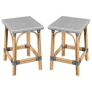 Home Square 24"H Rattan Counter Stool in White & Black - Set of 2