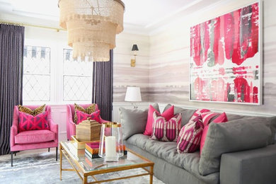 Living room - large shabby-chic style open concept living room idea in Los Angeles with multicolored walls