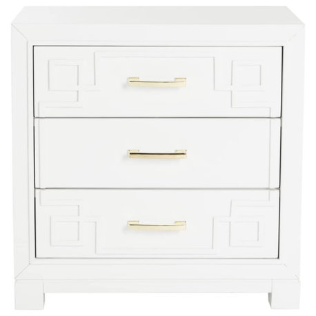 Contemporary White 3-Drawer Greek Key Nightstand