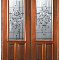 Prehung Entry Double Door 96 Mahogany Brazos 2 Panel 2/3 Lite Glass - Front Doors