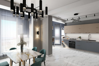 Свежая идея для дизайна: угловая кухня-гостиная в современном стиле - отличное фото интерьера