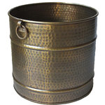Excellent Accents Inc. - Solid Brass Planter Hammered 14.75W x 13.5"H available in 3 sizes. - Solid brass planter with solid cast brass handles and fittings.  Diameter 14.75"  Height 13.5."  This solid brass planter is constructed with a top-rolled edge and is individually hand-hammered and hand-detailed for deep finish luster and unique character.  Each planter is lacquered to resist tarnishing.  Thick solid brass construction means this planter can be used outdoors too.  If used outdoors the planter will gradually patina depending on the degree of weather exposure.   Because this product is hand-made, dimensions or finish patina can vary slightly.   Available in 3 sizes:  13"W x 12"H,  14.75"W x 13.5"H,   17"W x 16"H.   Great for fireside kindling storage too.  An Excellent Accents exclusive item.  No drain holes.  Ships by FedEX Ground.  Cannot ship to a P.O. Box.  Ships to continental USA only.