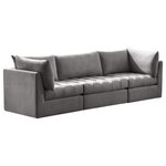 Meridian Furniture - Jacob Velvet Upholstered 3-Piece Modular Sofa, Grey - Create the ideal seating arrangement for your space when you pick and choose the elements you like mostincluding this Jacob velvet modular sofa. Mix and match items in the Jacob collection to bring your living space or family room together with a personalized slant. Soft grey velvet upholstery is soft and welcoming to the touch, adding a luxurious feel to everyday seating. Deep channel tufting adds to the piece's durability, and latches underneath the unit make it easy to attach to other pieces in the collection.