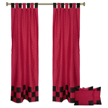 4 Pc Set Indian Sari Curtains & Cushion Covers - Boho Tab Top  - Rio Red 84"