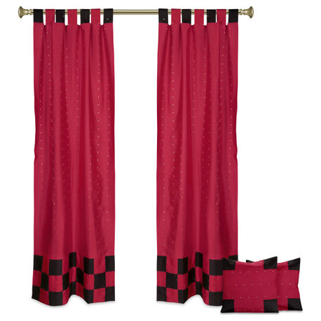 4 Pc Set Indian Sari Curtains & Cushion Covers - Boho Tab Top  - Rio Red 84"