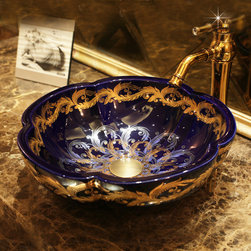Blue Golden Flower Painted Ceramic SInk - Bathroom Sinks