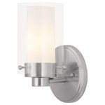 Livex Lighting - Manhattan Bath Light, Brushed Nickel - This transitional one light bathroom fixture will bring posh sophistication to your decor. The backplate and simple metal arms give this brushed nickel finish a sleek, contemporary look. Opal etched glass surrounds each light, encased in clear glass cylinders for a stunning double-glass effect.