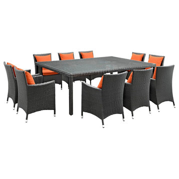 Modern Urban Outdoor Patio 11 pc Dining Chairs and Table Set, Orange, Rattan